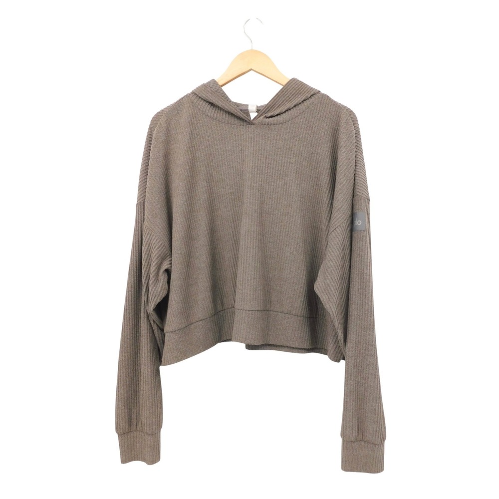 Alo Yoga Womens Muse Hoodie Olive Tree‎ Heather Ribbed Cropped Sweatshirt L